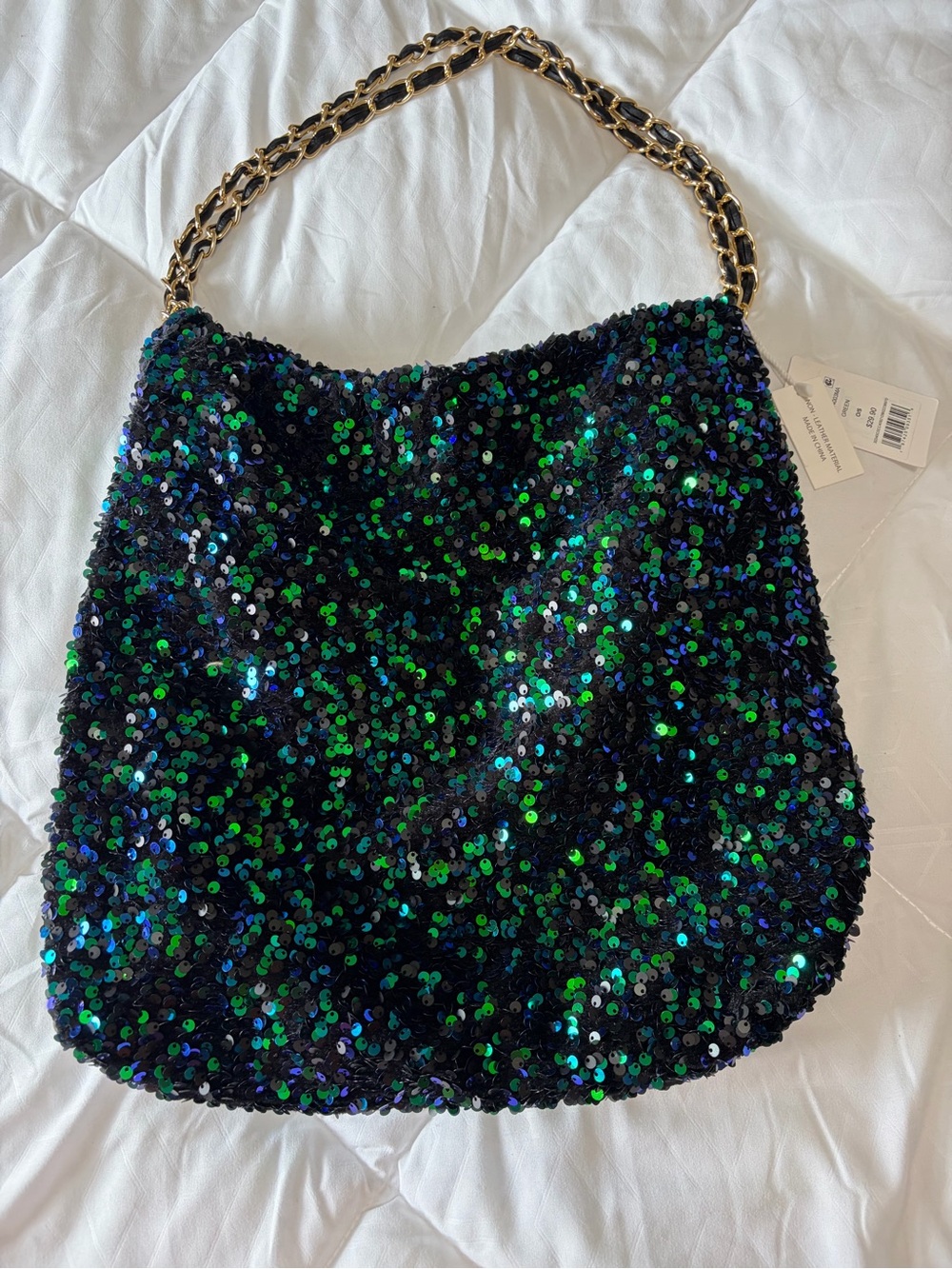 89+ Madison Sequin Chain-Handle Shoulder Bag in Black with Green & Blue